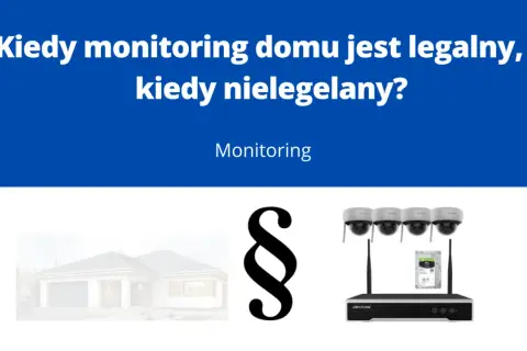 Kiedy monitoring w bloku jest legalny? Obraz przedstawia dom, paragraf i kamery z rejestratorem, sugerując przepisy dotyczące monitoringu.