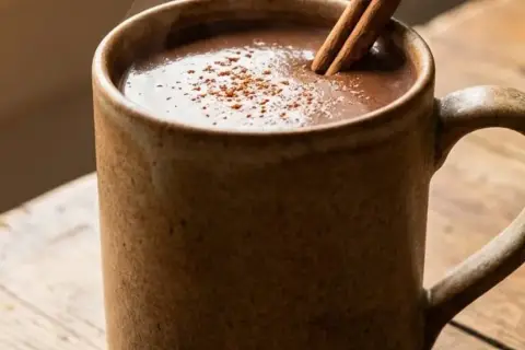 Eine dampfende Tasse vegane heiße Schokolade mit Zimtstange und Kakaopulver auf einem Holztisch.