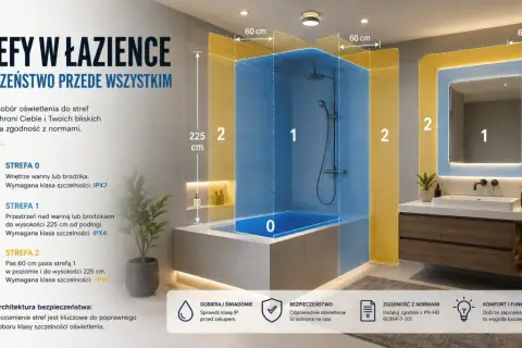 Łazienka podzielona na strefy bezpieczeństwa: 0 (wanna/brodzik, IPX7), 1 (nad wanną, IPX4) i 2 (poziomo 60cm, IPX4). Tabela wyjaśnia wymaganą klasę ochrony IP dla oświetlenia.