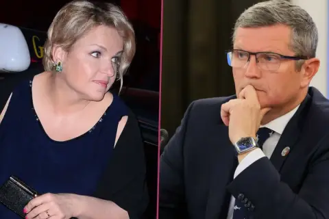 Kobieta z kolczykiem i mężczyzna w okularach, w tle sugerującym romans Marcina Bosackiego.