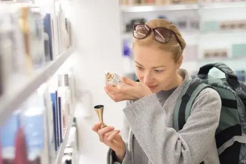 Kobieta z plecakiem wącha perfumy, zastanawiając się, ile kosztują perfumy na lotnisku.