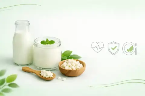 Kefir właściwości: zdrowy napój, probiotyki, naturalne składniki. Ikony symbolizują zdrowie, bezpieczeństwo i dietę.