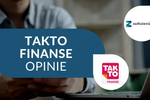Opinie o takto finanse. Logo "Tak To Finanse" i "Zadłużenia.com" na tle osoby pracującej przy laptopie.