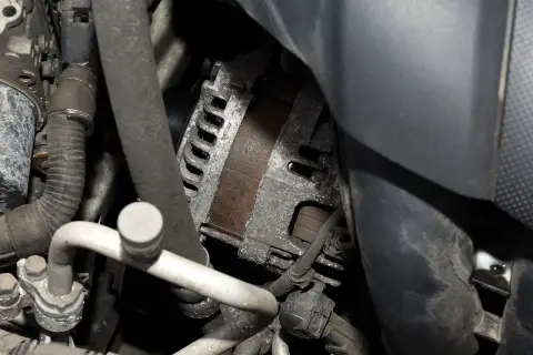Widok na zużyty alternator w komorze silnika. Zastanawiasz się nad regeneracja alternatora cena? Warto sprawdzić, czy to rozwiązanie będzie opłacalne.