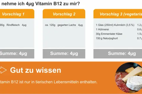 Wo ist Vitamin B12 drin? Vorschläge zeigen 4µg mit Rindfleisch, Lachs oder vegetarisch aus Milchprodukten und Ei.