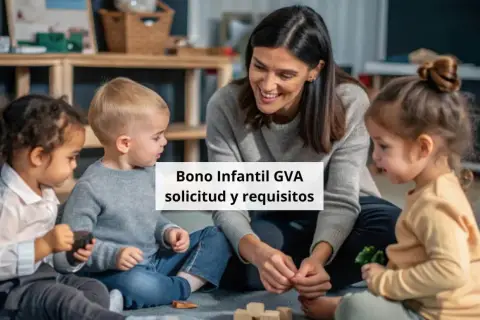Niños jugando con maestra. Información sobre el bono guardería GVA, solicitud y requisitos.