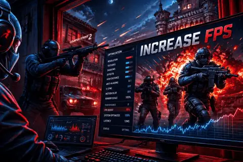 Gracz optymalizuje ustawienia CS2, by zwiększyć FPS. Na ekranie widać menu optymalizacji i grafikę z żołnierzami.