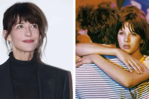 Sophie Marceau w kadrze z jednego ze swoich filmów, obok jej aktualnego portretu.