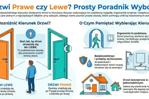 Drzwi lewe czy prawe? Poradnik wyboru kierunku otwierania drzwi. Ilustracja pokazuje, jak rozróżnić drzwi lewe i prawe, z uwzględnieniem ergonomii i bezpieczeństwa.