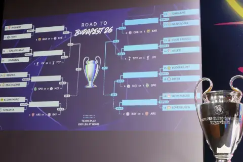 Liga mistrzów drabinka do Budapesztu 26. Widoczny puchar i ścieżki do finału z nazwami drużyn.