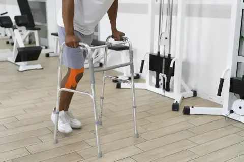 Mężczyzna z pomarańczową taśmą na kolanie ćwiczy z chodzikiem. Różne rodzaje sprzętu ortopedycznego pomagają w rehabilitacji.
