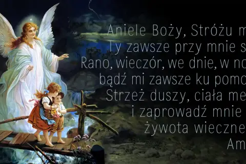 Anioł stróż prowadzi dwoje dzieci przez mostek. Obraz ilustruje modlitwę do anioła stróża.
