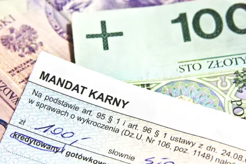 Mandat karny z kwotą 100 zł na tle polskich banknotów.