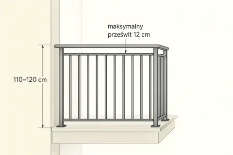 Wysokość balustrady balkonowej 110-120 cm. Maksymalny prześwit między elementami to 12 cm, zapewniając bezpieczeństwo.