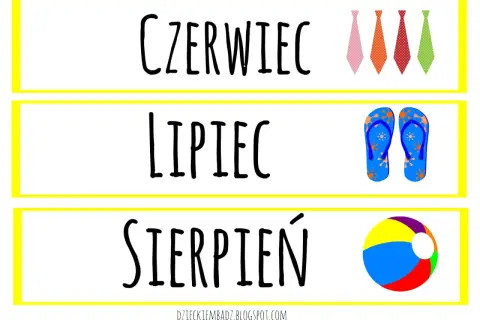 Czerwiec, lipiec, sierpień – letnie miesiące po polsku. W tle krawaty, klapki i piłka plażowa.