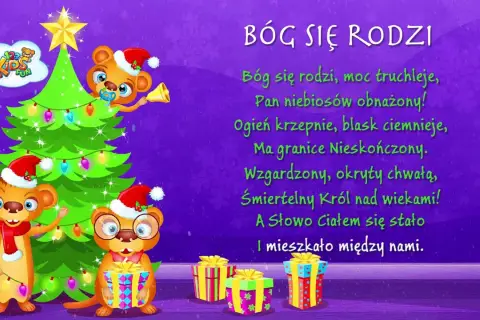 Trzy urocze misie w czapkach Mikołaja przy choince i prezentach. Na ekranie widnieje tekst kolędy "Bóg się rodzi".