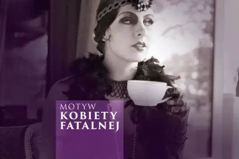 Kobieta w stylu retro z filiżanką kawy, symbolizująca motywy działania femme fatale w literaturze noir i kryminale.