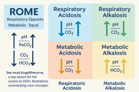 Schemat ROME: kwasica oddechowa (pH w dół, CO2 w górę), zasadowica oddechowa (pH w górę, CO2 w dół), kwasica metaboliczna (pH w dół, CO2 w dół), zasadowica metaboliczna (pH w górę, HCO3 w górę).