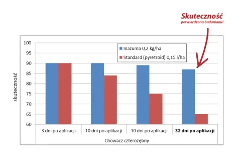 Wykres słupkowy porównujący skuteczność preparatu Inazuma i standardowego w różnych terminach po aplikacji.