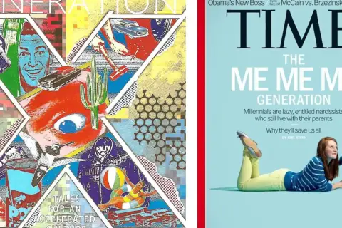 Konstverk och Time Magazine-omslag som utforskar olika generationer och årtal. Ett collage med popkonst och en artikel om "Me Me Generation".