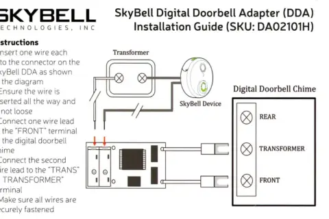 Schemat instalacji SkyBell DDA pokazuje, jak podłączyć urządzenie do transformatora i cyfrowego dzwonka do drzwi, aby uzyskać głośny dzwonek do drzwi.