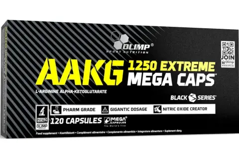 Opakowanie Olimp AAKG 1250 Extreme Mega Caps, suplement diety z L-argininą, wspierający produkcję tlenku azotu (nox).