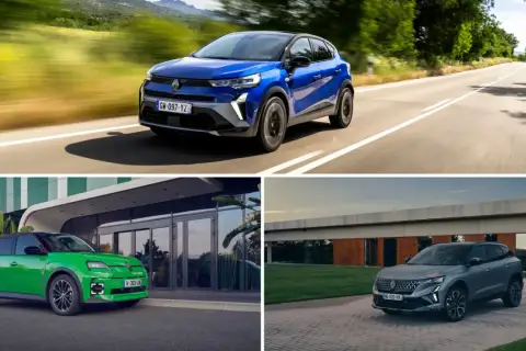 Trzy **Renault modele**: niebieski na drodze, zielony przed budynkiem, szary na podjeździe.