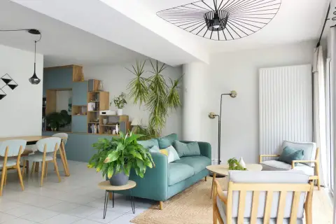 Aménagement de salon moderne avec canapé bleu sarcelle, fauteuil gris, table basse en bois et plantes vertes.