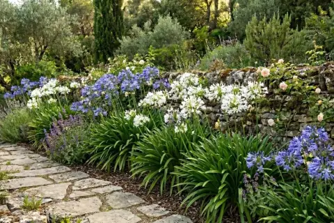 Magnifique jardin avec une allée en pierre bordée d'agapanthes en pleine floraison, bleues et blanches, et de roses grimpantes sur un mur de pierres.