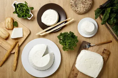 Vari tipi di formaggio fresco, tra cui lo squacquerone, un formaggio grasso, con pane, grissini e verdure su un tavolo di legno.