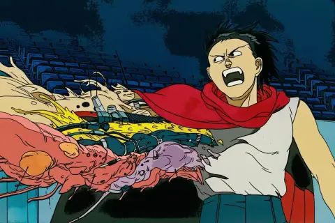 Akira, con un mantello rosso, urla mentre una massa organica mutante esplode dal suo petto.