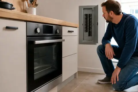Mężczyzna szuka, gdzie jest bezpiecznik w piekarniku, przy skrzynce z bezpiecznikami w kuchni.