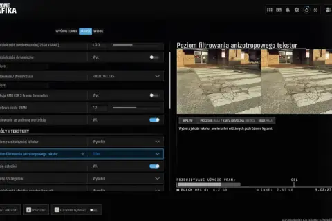 Ustawienia grafiki w Warzone na PS5: Poziom filtrowania anizotropowego tekstur ustawiony na Ultra.