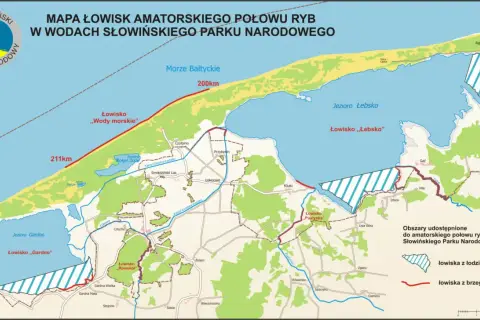 Mapa Słowińskiego Parku Narodowego z zaznaczonymi łowiskami: Jezioro Gardno, Jezioro Łebsko, morze.