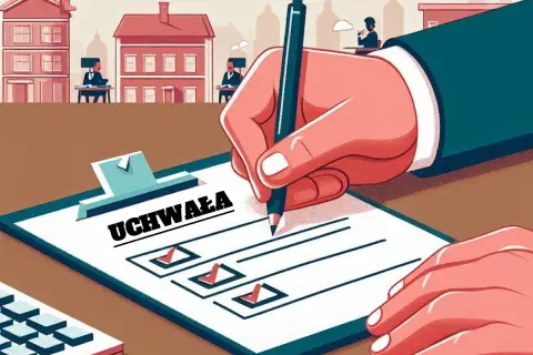 Ręka pisze uchwałę na tablicy. W tle budynki, sugerujące dużą wspólnotę mieszkaniową i przepisy.