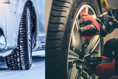 Zimowe opony na śniegu i mechanik przykręcający felgę. Dowiedz się, ile lat można jeździć na oponach zimowych, by zapewnić bezpieczeństwo.