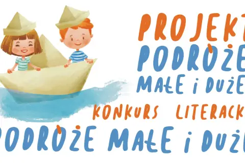 Dzieci w łódce z papieru płyną na falach. Projekt "Podróże małe i duże" zaprasza do konkursów literackich.