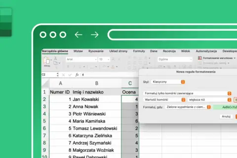 Excel zadania z rozwiązaniami: tworzenie reguły formatowania warunkowego dla ocen większych niż 3.