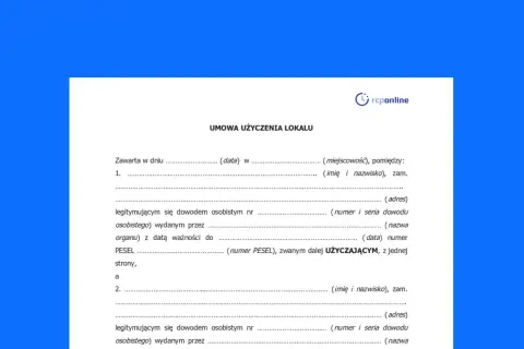 Umowa użyczenia lokalu, dokument do wypełnienia, zawiera pola na dane stron, datę i miejsce zawarcia umowy.