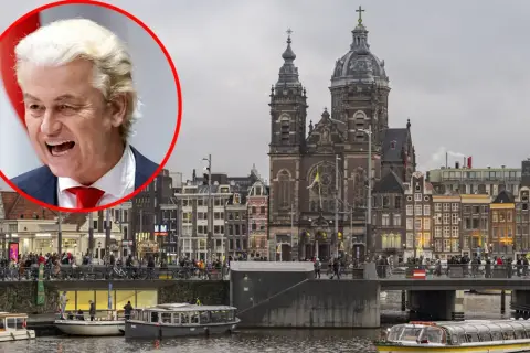 Geert Wilders na tle Amsterdamu, gdzie holandia ludność cieszy się spacerem po kanałach.
