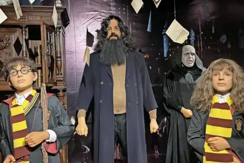 Postacie z Harry'ego Pottera w Muzeum Figur Woskowych Warszawa: Harry, Hagrid, Voldemort i Hermiona.