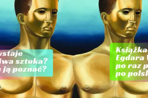 Złote posągi mężczyzn, jeden z nich trzyma książkę "Egdara Winda po raz pierwszy po polsku!".