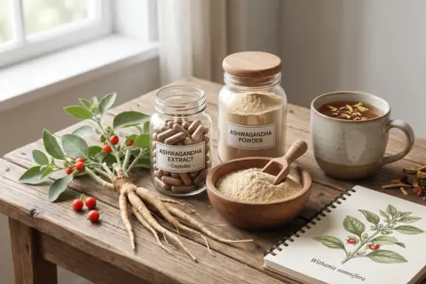 Ashwagandha-Wirkung: frische Pflanze, Kapseln, Pulver und Tee auf Holztisch. Notizbuch zeigt Withania somnifera.