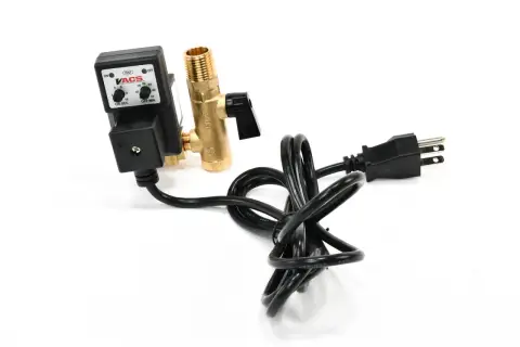 Válvula de purga automática para compresor con temporizador ajustable y cable de alimentación.