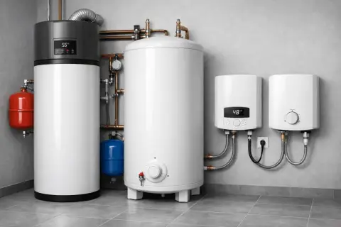 Système de chauffage d'eau moderne avec plusieurs chauffe-eau, prêt pour un remplacement.