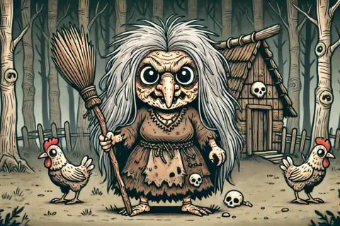 Baba Jaga z miotłą i kurczakami przed chatką w lesie, jak z filmu.