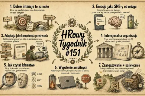 Ilustracja przedstawia kompozycję siedmiu punktów dotyczących HR. W centrum znajduje się logo "HRowy Tygodnik #151".