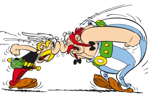 Obelix z wściekłością krzyczy do Asteriksa: "Spierdalaj po francusku!".