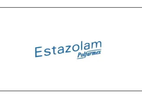 Niebieski napis "Estazolam" z mniejszym napisem "Polfarmex" pod spodem.