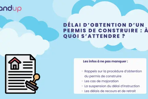 Illustration d'un permis de construire avec un tampon, abordant le délai d'obtention et la suspension du délai d'instruction.